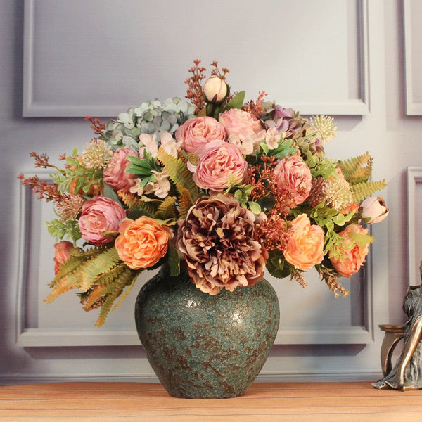 Large Bunch of Autumn Flowers Arrangement Interior Design, Unique Artificial Floral Arrangement for Dining Room, Peony Faux Silk Floral Bouquet Table Centerpiece-artworkcanvas