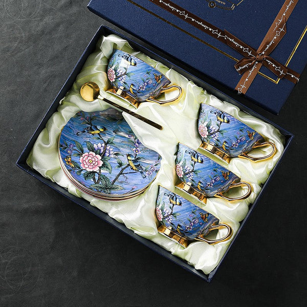 Blue Bird and Butterfly Bone China Porcelain Tea Cup Set, Unique British Tea Cup and Saucer in Gift Box, Elegant British Ceramic Coffee Cups-artworkcanvas