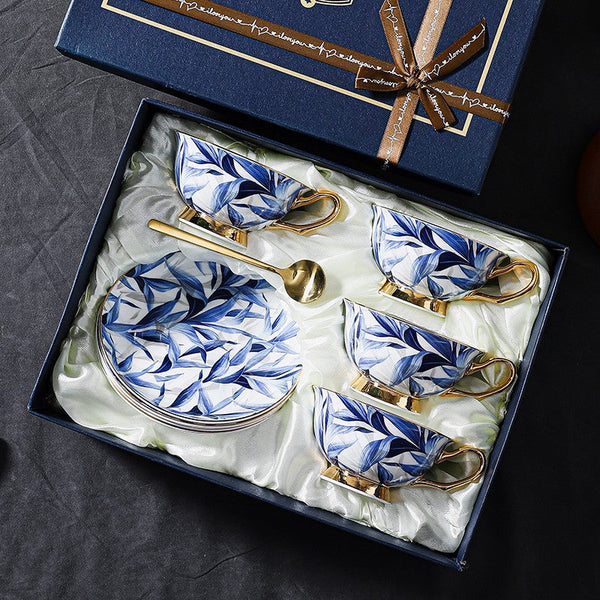 Blue Bone China Porcelain Tea Cup Set, Elegant British Ceramic Coffee Cups, Unique British Tea Cup and Saucer in Gift Box-artworkcanvas