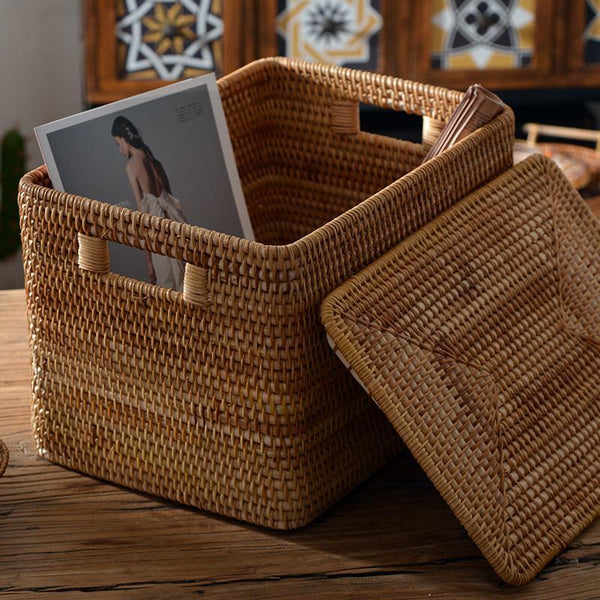 Oversized Rectangular Storage Basket with Lid, Woven Rattan Storage Basket for Shelves, Storage Baskets for Bedroom, Extra Large Storage Baskets for Clothes-artworkcanvas