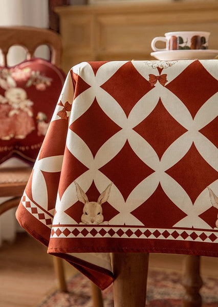 Holiday Red Tablecloth for Dining Table, Rabbit Pattern Table Cover for Dining Room Table, Modern Rectangle Tablecloth for Oval Table-artworkcanvas