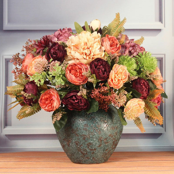 Large Bunch of Autumn Flowers Arrangement, Peony Faux Silk Floral Bouquet Table Centerpiece, Amazing Artificial Floral Arrangement for Dining Room-artworkcanvas