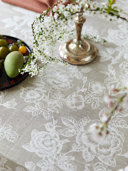 French Flower Pattern Tablecloth for Round Table, Vintage Rectangle Tablecloth for Dining Room Table, Rustic Farmhouse Table Cover for Kitchen-artworkcanvas