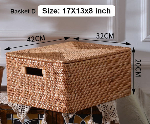 Square Storage Basket with Lid, Extra Large Storage Baskets for Clothes, Rattan Storage Basket for Shelves, Oversized Storage Baskets for Kitchen-artworkcanvas