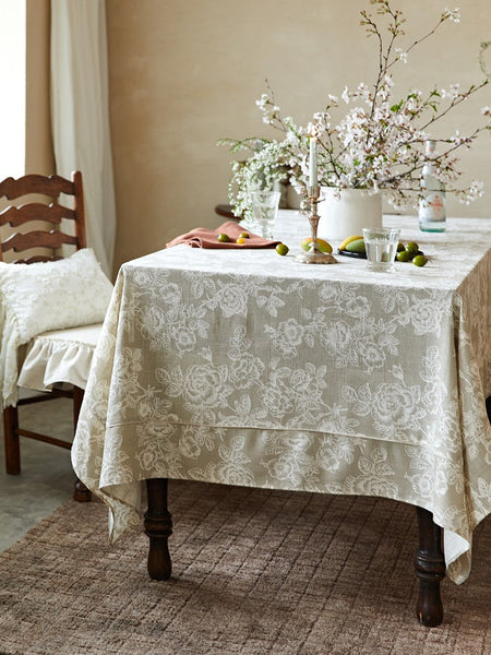 French Flower Pattern Tablecloth for Round Table, Vintage Rectangle Tablecloth for Dining Room Table, Rustic Farmhouse Table Cover for Kitchen-artworkcanvas