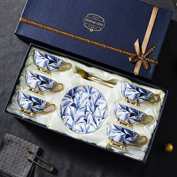 Unique British Tea Cup and Saucer in Gift Box, Blue Bone China Porcelain Tea Cup Set, Elegant British Ceramic Coffee Cups-artworkcanvas