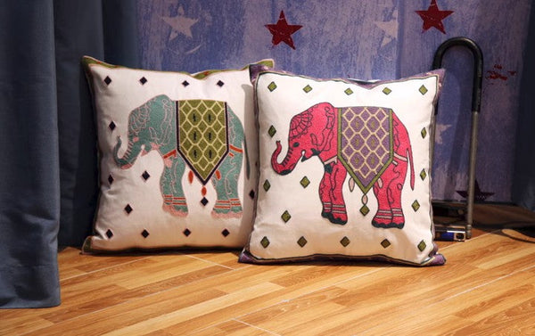 Cotton Decorative Pillows, Elephant Embroider Cotton Pillow Covers, Farmhouse Decorative Sofa Pillows, Decorative Throw Pillows for Couch-artworkcanvas