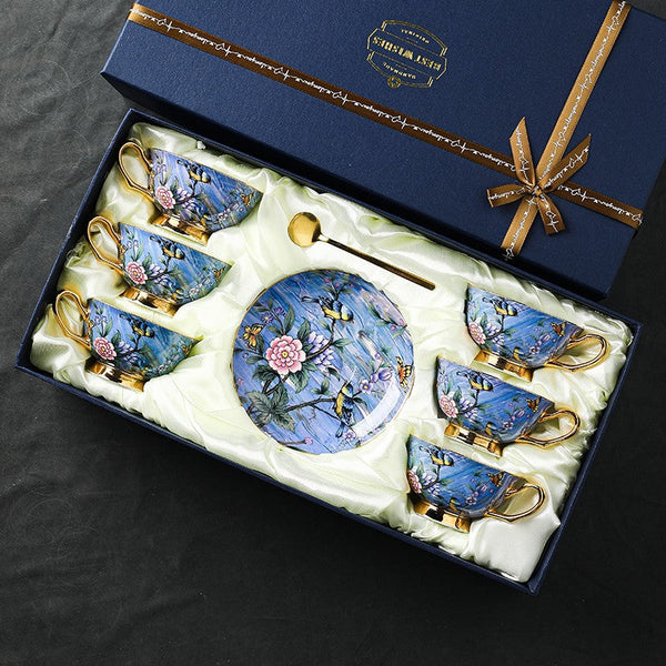 Blue Bird and Butterfly Bone China Porcelain Tea Cup Set, Unique British Tea Cup and Saucer in Gift Box, Elegant British Ceramic Coffee Cups-artworkcanvas