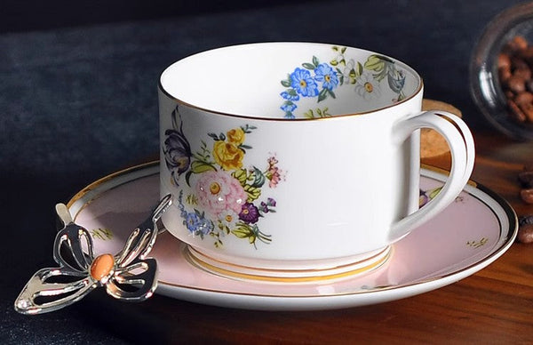 Beautiful Flower British Tea Cups, Creative Bone China Porcelain Tea Cup Set, Elegant Flower Ceramic Cups, Unique Royal Coffee Cup and Saucer-artworkcanvas