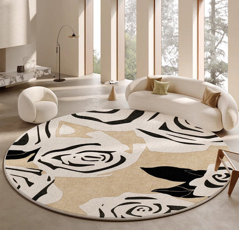 Abstract Contemporary Rugs for Bedroom, Modern Round Rugs under Coffee Table, Circular Rugs for Dining Table, Modern Cream Color Rugs for Living Room-artworkcanvas