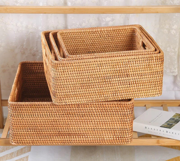 Woven Rattan Storage Baskets for Bedroom, Storage Basket for Shelves, Large Rectangular Storage Baskets for Clothes, Storage Baskets for Kitchen-artworkcanvas