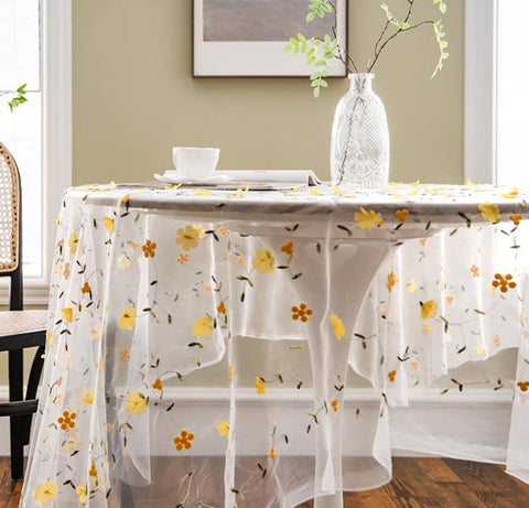 Yellow Flower Lace Tablecloths, Extra Large Rectangular Tablecloth for Oval Table, Lace Embroidered Table Covers, Rectangular Table Covers for Coffee Table-artworkcanvas