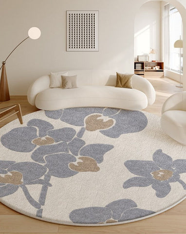 Bedroom Abstract Modern Area Rugs, Contemporary Modern Rugs, Geometric Round Rugs for Dining Room, Flower Pattern Circular Modern Rugs under Chairs-artworkcanvas