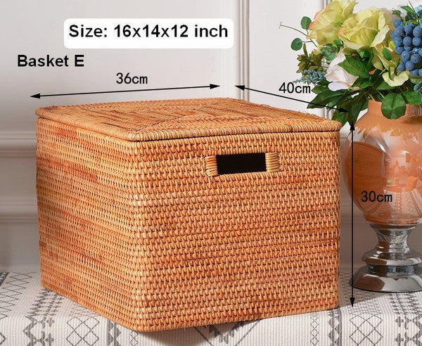 Extra Large Storage Baskets for Clothes, Oversized Rectangular Storage Basket with Lid, Wicker Rattan Storage Basket for Shelves, Storage Baskets for Bedroom-artworkcanvas