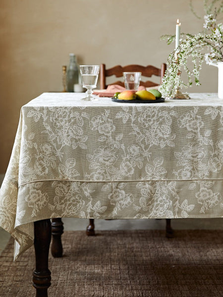 French Flower Pattern Tablecloth for Round Table, Vintage Rectangle Tablecloth for Dining Room Table, Rustic Farmhouse Table Cover for Kitchen-artworkcanvas