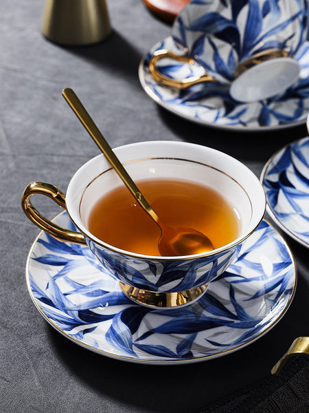 Unique British Tea Cup and Saucer in Gift Box, Blue Bone China Porcelain Tea Cup Set, Elegant British Ceramic Coffee Cups-artworkcanvas