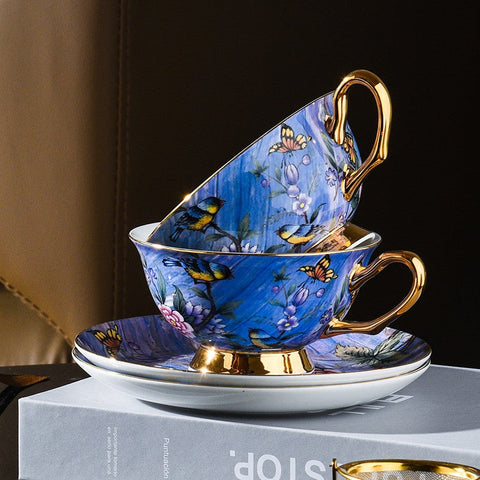 Blue Bird and Butterfly Bone China Porcelain Tea Cup Set, Unique British Tea Cup and Saucer in Gift Box, Elegant British Ceramic Coffee Cups-artworkcanvas