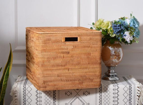 Wicker Storage Baskets for Bathroom, Rattan Rectangular Storage Basket with Lid, Extra Large Storage Baskets for Clothes, Storage Baskets for Bedroom-artworkcanvas