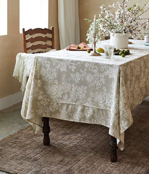 French Flower Pattern Tablecloth for Round Table, Vintage Rectangle Tablecloth for Dining Room Table, Rustic Farmhouse Table Cover for Kitchen-artworkcanvas