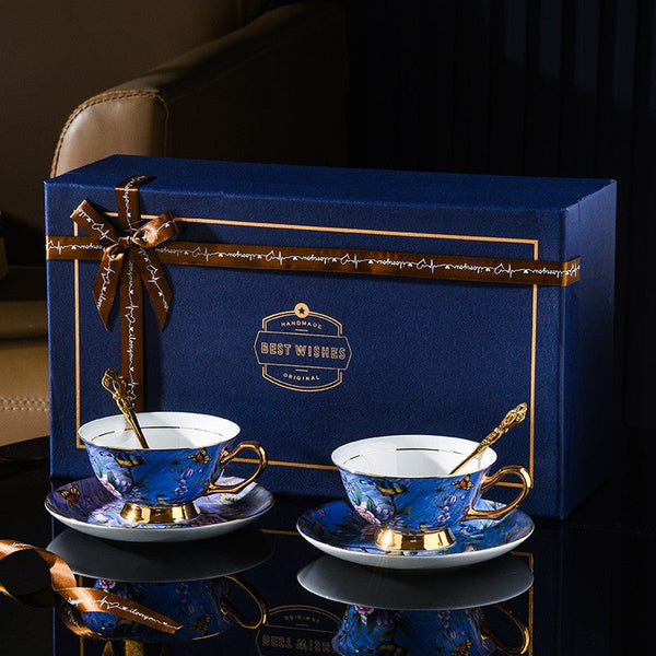 Blue Bird and Butterfly Bone China Porcelain Tea Cup Set, Unique British Tea Cup and Saucer in Gift Box, Elegant British Ceramic Coffee Cups-artworkcanvas