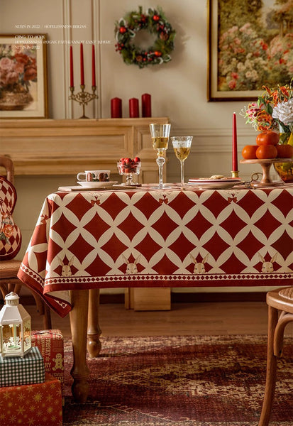 Holiday Red Tablecloth for Dining Table, Rabbit Pattern Table Cover for Dining Room Table, Modern Rectangle Tablecloth for Oval Table-artworkcanvas