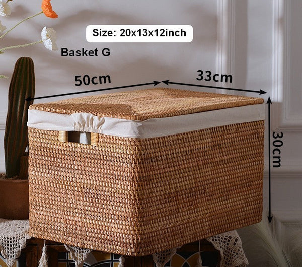 Square Storage Basket with Lid, Extra Large Storage Baskets for Clothes, Rattan Storage Basket for Shelves, Oversized Storage Baskets for Kitchen-artworkcanvas