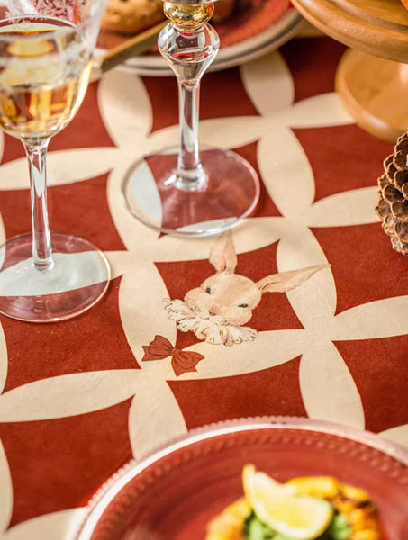 Holiday Red Tablecloth for Dining Table, Rabbit Pattern Table Cover for Dining Room Table, Modern Rectangle Tablecloth for Oval Table-artworkcanvas