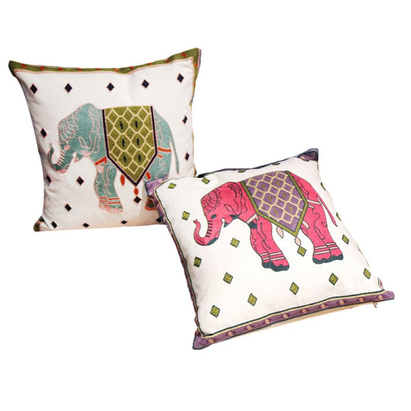 Cotton Decorative Pillows, Elephant Embroider Cotton Pillow Covers, Farmhouse Decorative Sofa Pillows, Decorative Throw Pillows for Couch-artworkcanvas