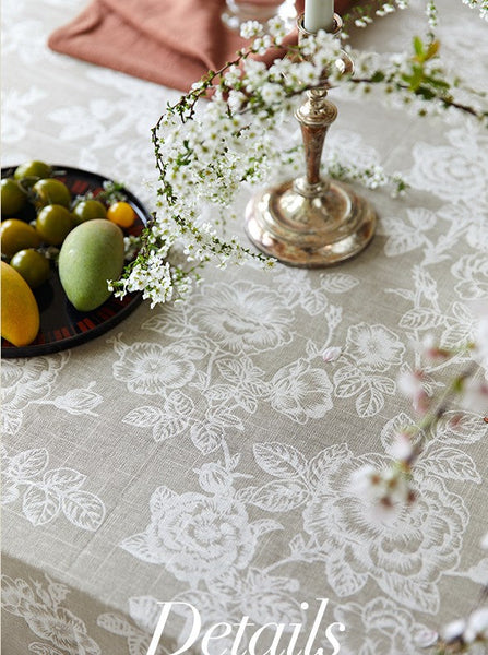 French Flower Pattern Tablecloth for Round Table, Vintage Rectangle Tablecloth for Dining Room Table, Rustic Farmhouse Table Cover for Kitchen-artworkcanvas