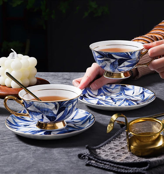 Unique British Tea Cup and Saucer in Gift Box, Blue Bone China Porcelain Tea Cup Set, Elegant British Ceramic Coffee Cups-artworkcanvas