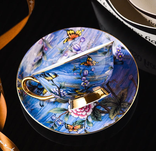 Blue Bird and Butterfly Bone China Porcelain Tea Cup Set, Unique British Tea Cup and Saucer in Gift Box, Elegant British Ceramic Coffee Cups-artworkcanvas