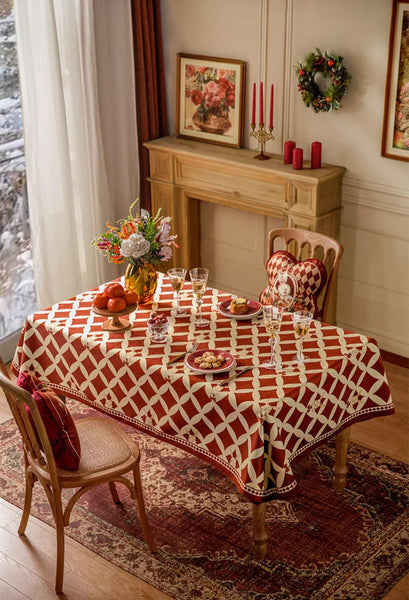 Holiday Red Tablecloth for Dining Table, Rabbit Pattern Table Cover for Dining Room Table, Modern Rectangle Tablecloth for Oval Table-artworkcanvas