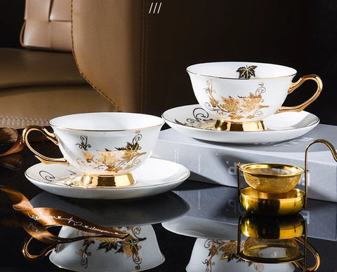 Elegant British Ceramic Coffee Cups, Golden Leaves and Grapes Bone China Porcelain Tea Cup Set, Unique British Tea Cup and Saucer in Gift Box-artworkcanvas