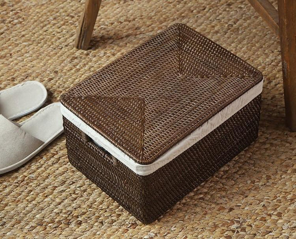 Storage Baskets for Clothes, Large Brown Rattan Storage Baskets, Storage Baskets for Bathroom, Rectangular Storage Baskets, Storage Basket with Lid-artworkcanvas