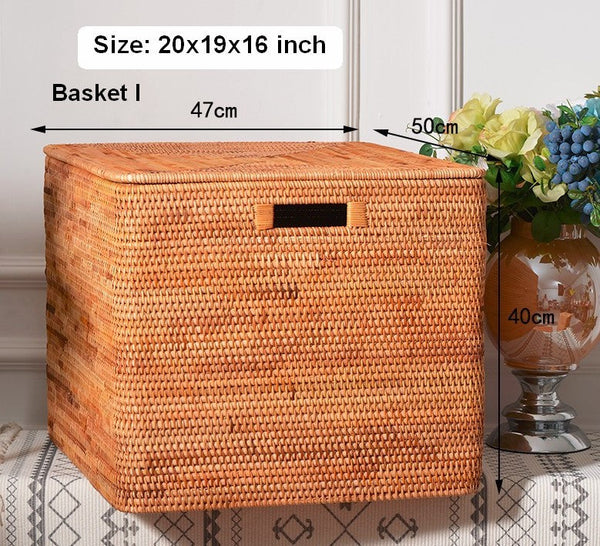 Square Storage Basket with Lid, Extra Large Storage Baskets for Clothes, Rattan Storage Basket for Shelves, Oversized Storage Baskets for Kitchen-artworkcanvas