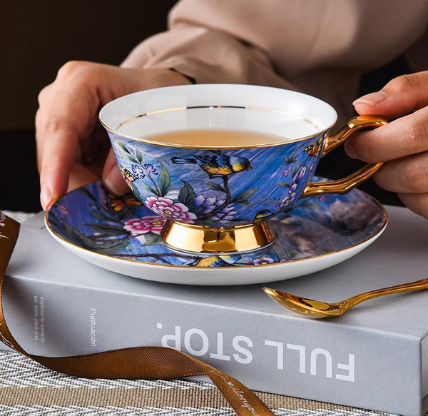 Blue Bird and Butterfly Bone China Porcelain Tea Cup Set, Unique British Tea Cup and Saucer in Gift Box, Elegant British Ceramic Coffee Cups-artworkcanvas