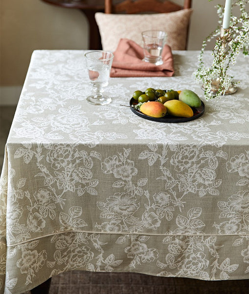 French Flower Pattern Tablecloth for Round Table, Vintage Rectangle Tablecloth for Dining Room Table, Rustic Farmhouse Table Cover for Kitchen-artworkcanvas