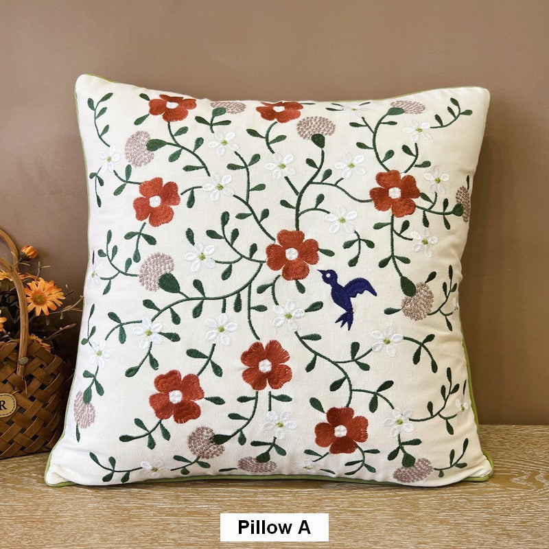 Bird Spring Flower Decorative Throw Pillows, Farmhouse Sofa Decorative Pillows, Embroider Flower Cotton Pillow Covers, Flower Decorative Throw Pillows for Couch-artworkcanvas