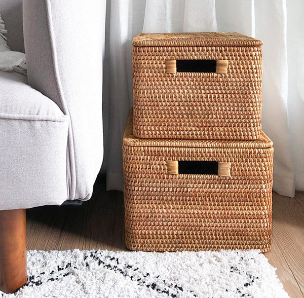 Extra Large Storage Baskets for Shelves, Wicker Rectangular Storage Baskets for Living Room, Rattan Storage Basket with Lid, Storage Baskets for Clothes-artworkcanvas