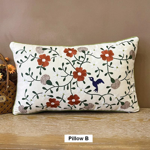 Bird Spring Flower Decorative Throw Pillows, Farmhouse Sofa Decorative Pillows, Embroider Flower Cotton Pillow Covers, Flower Decorative Throw Pillows for Couch-artworkcanvas