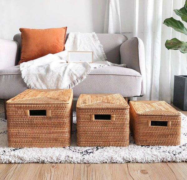 Wicker Storage Baskets for Bathroom, Rattan Rectangular Storage Basket with Lid, Extra Large Storage Baskets for Clothes, Storage Baskets for Bedroom