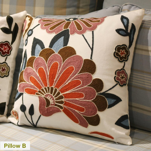 Sofa Decorative Pillows, Embroider Flower Cotton Pillow Covers, Flower Decorative Throw Pillows for Couch, Farmhouse Decorative Throw Pillows-artworkcanvas