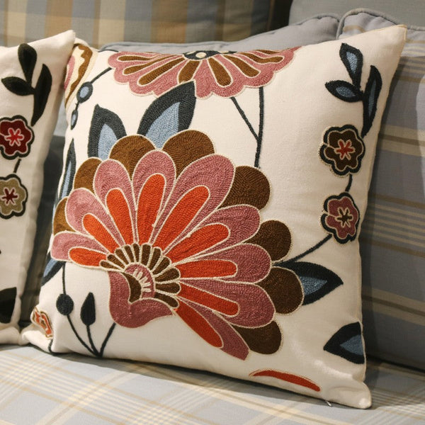 Sofa Decorative Pillows, Embroider Flower Cotton Pillow Covers, Flower Decorative Throw Pillows for Couch, Farmhouse Decorative Throw Pillows-artworkcanvas