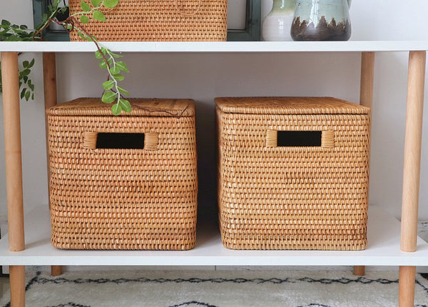 Oversized Rectangular Storage Basket with Lid, Woven Rattan Storage Basket for Shelves, Storage Baskets for Bedroom, Extra Large Storage Baskets for Clothes-artworkcanvas