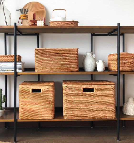 Laundry Storage Baskets for Bathroom, Rectangular Storage Baskets for Clothes, Wicker Storage Baskets for Shelves, Rattan Storage Baskets for Kitchen, Storage Basket with Lid-artworkcanvas