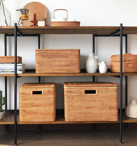 Woven Rectangular Storage Baskets, Rattan Storage Basket with Lid, Storage Baskets for Clothes, Extra Large Storage Baskets for Shelves-artworkcanvas