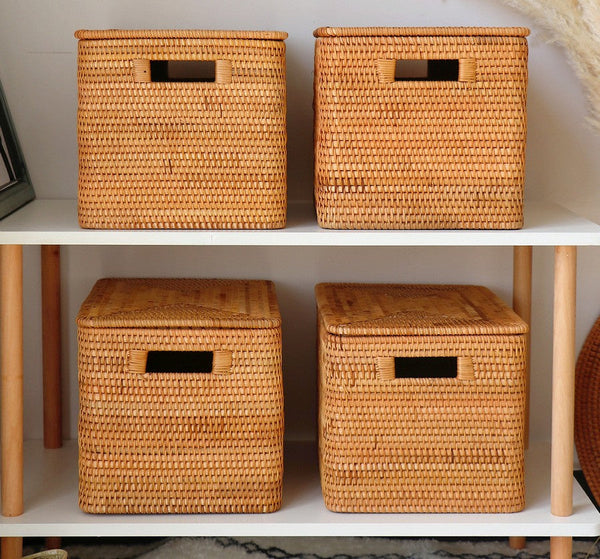 Laundry Storage Baskets for Bathroom, Rectangular Storage Baskets for Clothes, Wicker Storage Baskets for Shelves, Rattan Storage Baskets for Kitchen, Storage Basket with Lid-artworkcanvas