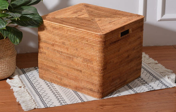 Wicker Storage Baskets for Bathroom, Rattan Rectangular Storage Basket with Lid, Extra Large Storage Baskets for Clothes, Storage Baskets for Bedroom-artworkcanvas