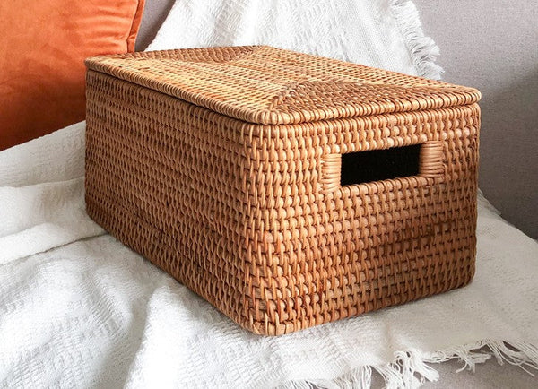 Square Storage Basket with Lid, Extra Large Storage Baskets for Clothes, Rattan Storage Basket for Shelves, Oversized Storage Baskets for Kitchen-artworkcanvas