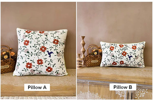 Bird Spring Flower Decorative Throw Pillows, Farmhouse Sofa Decorative Pillows, Embroider Flower Cotton Pillow Covers, Flower Decorative Throw Pillows for Couch-artworkcanvas